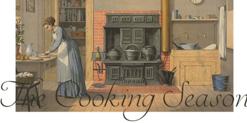 Drawing of a woman in a kitchen with a wood burning stove working at a table