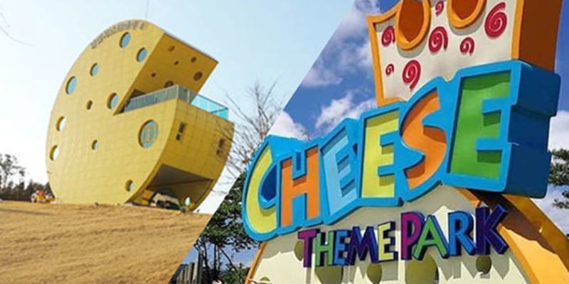 A collage of two photos, one of a building shaped like a giant wheel of cheese and the other of a sign for the Cheese Theme Park