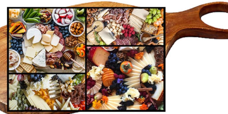 A collage of examples of summer cheese boards on top of a wooden cutting board
