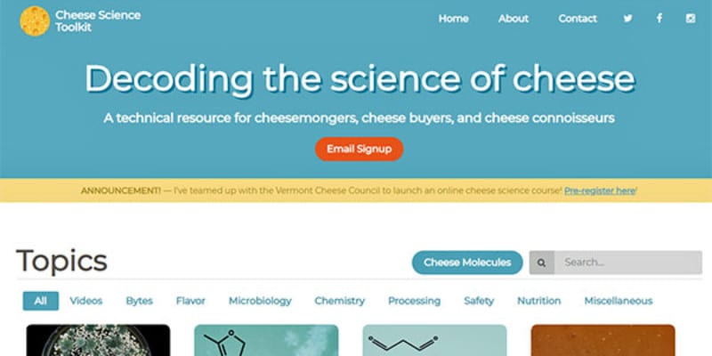 A screenshot of the Cheese Science Toolkit website, "Decoding the science of cheese" — a technical resource for cheesemongers, cheese buyers, and cheese connoisseurs