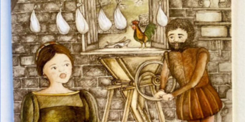 A medieval-style cartoon of a woman at a table pouring milk into a pot while a man in the back right turns a wheel on a apperatus. There is a window behind them with a chicken standing on the window sill. A pole runs horizontally with white bags suspended from it.